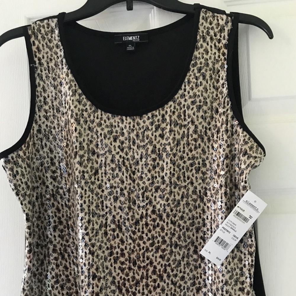 Sequin Sleeveless Top  Petite Lg Black Leopard